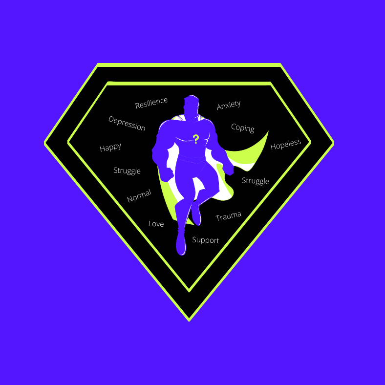 SKEWL logo with purple background and a black diamond shape in the center. Inside the diamond is the outline of purple super hero with a question mark on their chest and a green cape. Around the super hero are the words, "Resilience, Anxiety, Coping, Hopeless, Struggle, Trauma, Support, Love, Normal, Struggle, Happy, and Depression." 