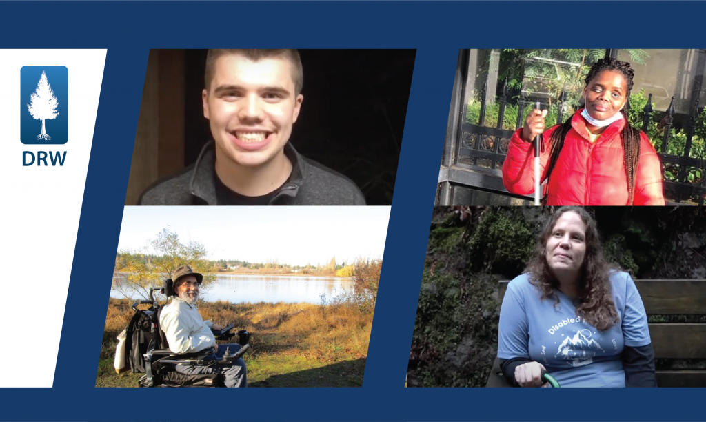 A Black woman in upper right in red puffer jacket, below her is a white woman with long hair in blue tshirt, to the left bottom is a man in electric wheelchair far from camera near a lake, and directly to the right of logo is a photo is a young white man with short hair and big smile.