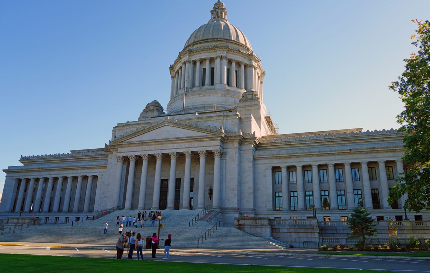 Picture of the Washington State Capital Building with blue sky behind it. Below picture is the Disability Rights Washington logo with a blue graphic of a tree and the words “Washington’s protection and advocacy system” written underneath.