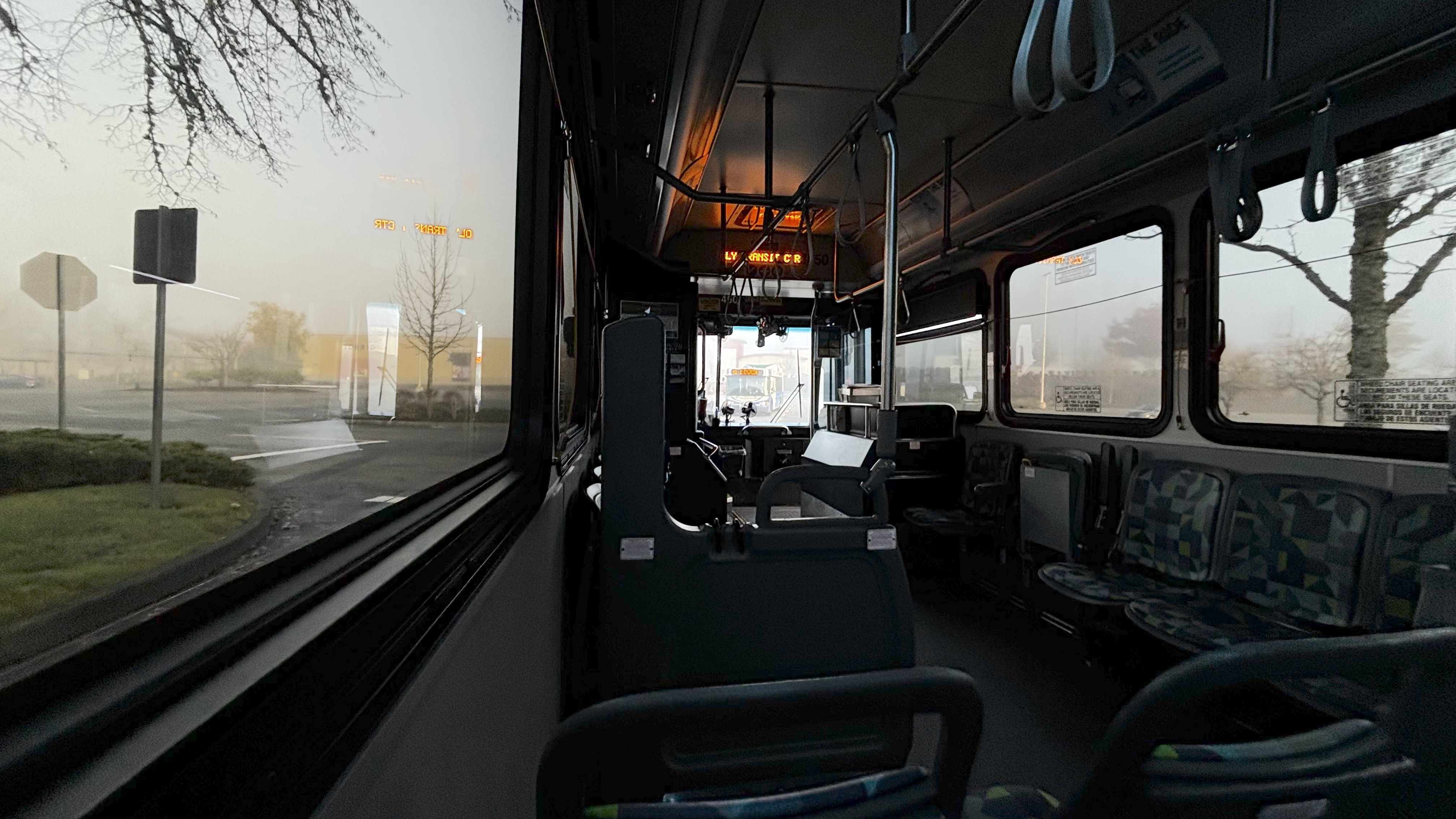 interior of bus in early morning 