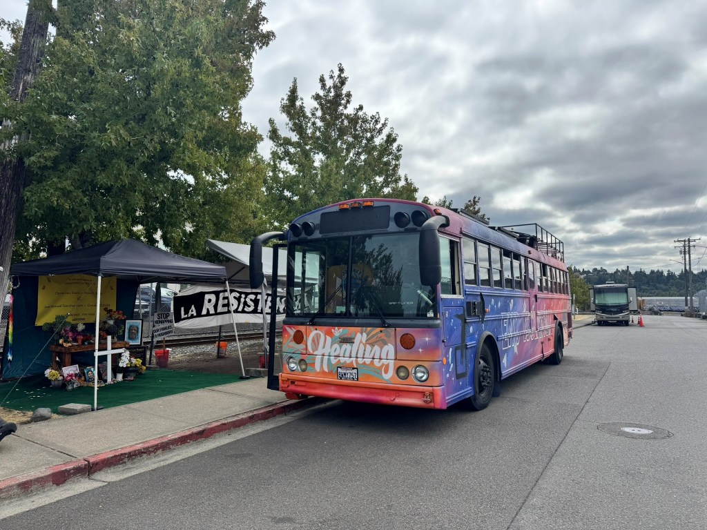 Journey to Justice bus outside Northwest Detention Center.