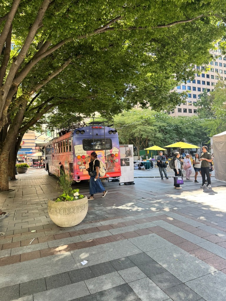 Back of Journey to Justice bus at Westlake Center.
