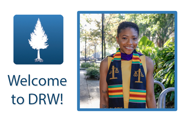 Welcome to DRW! Image of Lauren smiling in graduation clothes outside. DRW Tree logo on background.